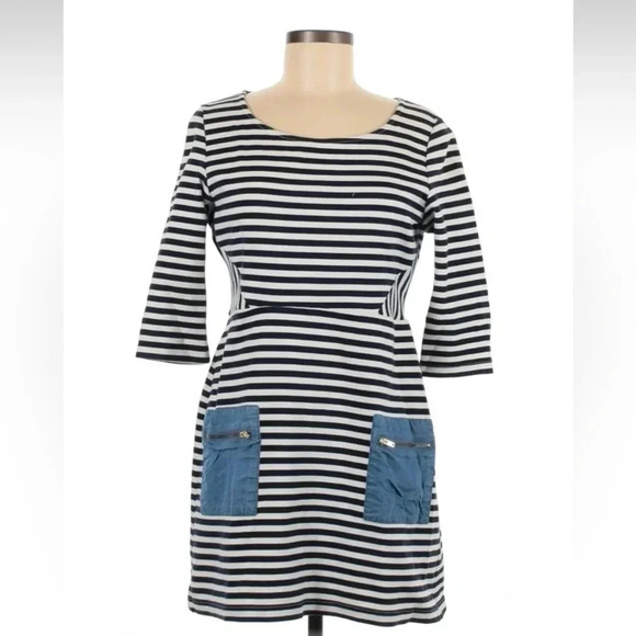 Anthropologie Tabitha Marin Dress Navy Stripe Stretch Pockets Zip Size 10 - Picture 2 of 3